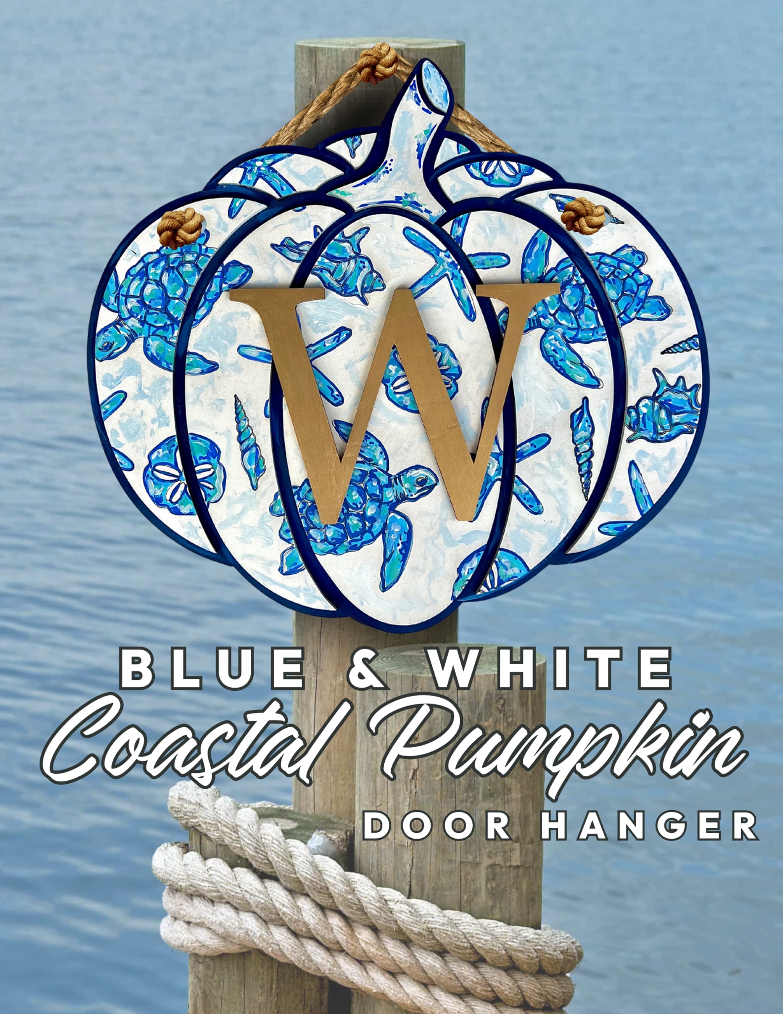 Blue & White Coastal Pumpkin Door Hanger